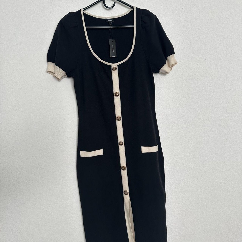 Scoop Neck Puff Sleeve Novelty Button Tipped Midi Sweater Dress